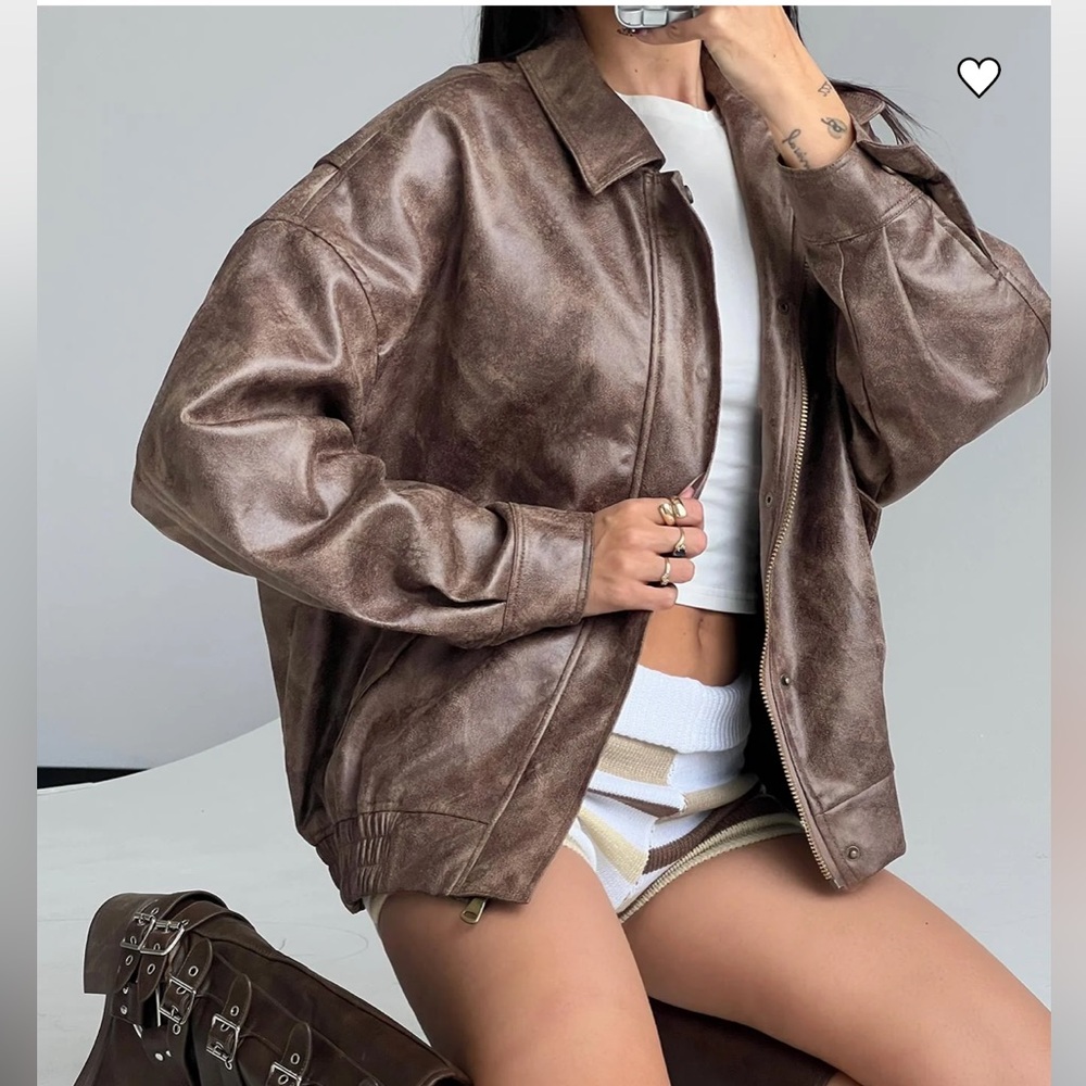 Lioness Brown Oversized Faux Leather Bomber Jacket